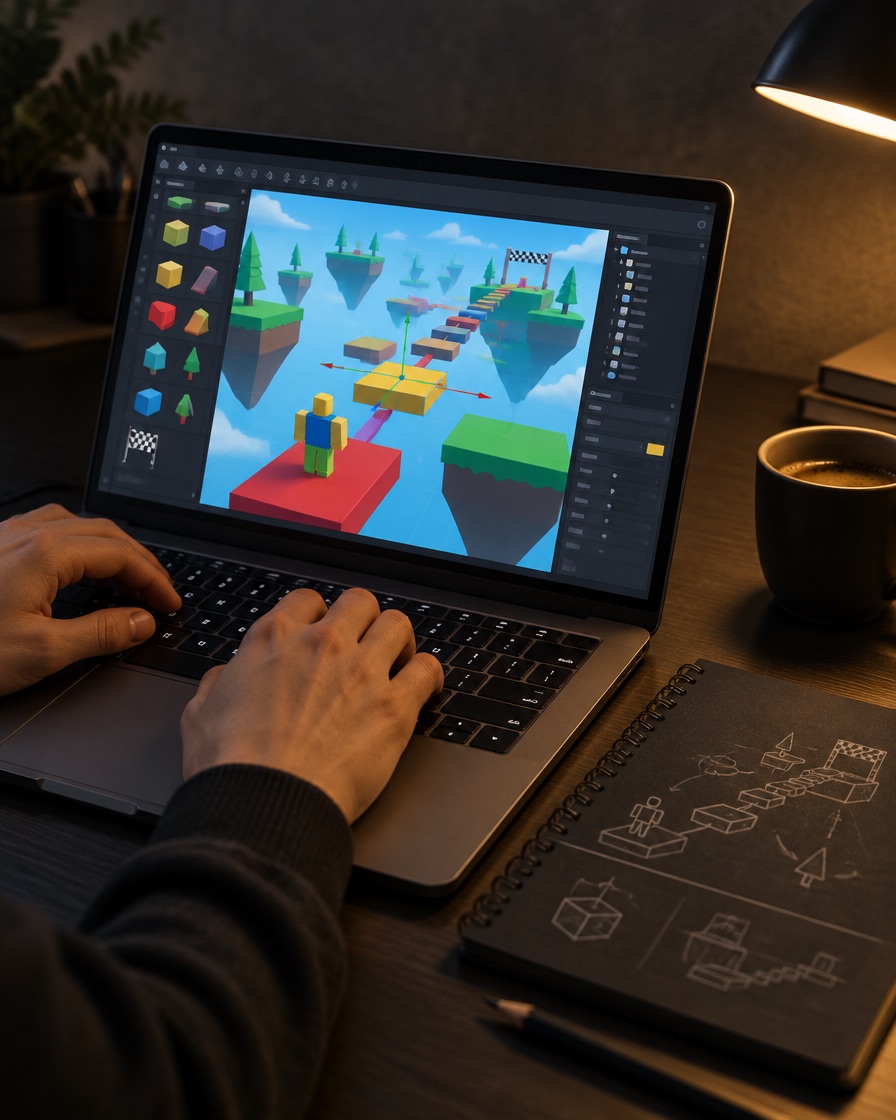 Tangan mengetik di laptop yang menampilkan level game 3D berbentuk balok, di samping buku sketsa dan kopi.