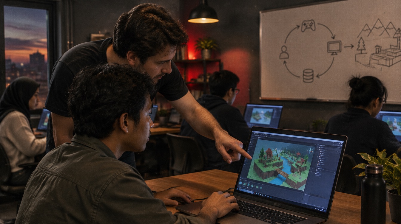 Mentor membungkuk di samping peserta sambil menunjuk layar laptop berisi dunia game 3D.